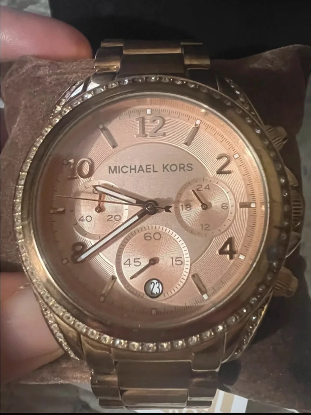 Michael Kors Rose Gold-Tone Crystal Accent Chronograph Bracelet Watch